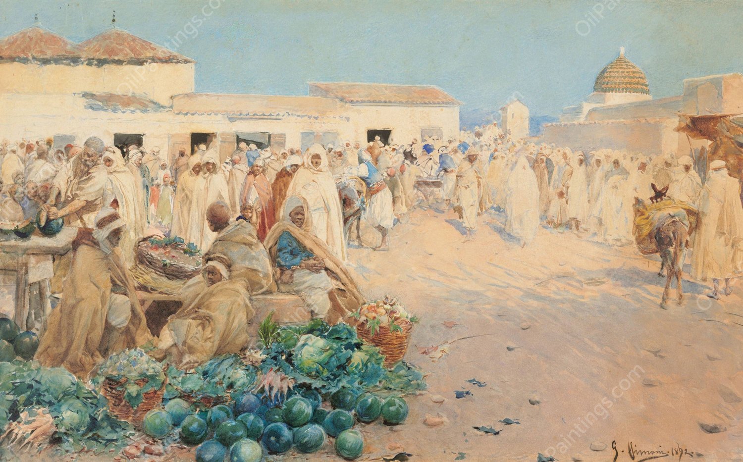A busy market, North Africa  by Gustavo Simoni - Hand-Painted Oil Painting Reproduction