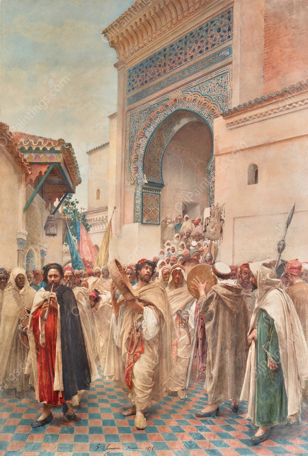 Celebration Outside The mosque Of Sidi Boumediene, tlemcen  by Gustavo Simoni - Hand-Painted Oil Painting Reproduction