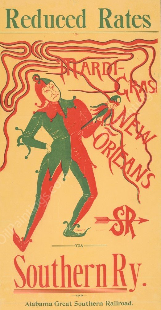 Reduced rates Mardi-Gras New Orleans via Southern Ry. and Alabama great southern railroad  by H. Sophie Loury - Hand-Painted Oil Painting Reproduction