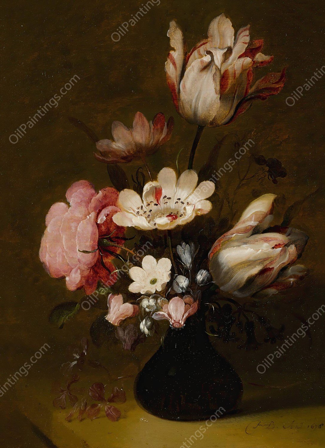 Still Life With Tulips, Peonies, Anemones, Hyacinths And Other Flowers In A Glass Vase On A Stone Ledge  by Hans Bollongier - Hand-Painted Oil Painting Reproduction