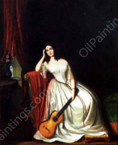 Lady In Fine White Gown With Guitar by Hans Heinrich Bebie - Hand-Painted Oil Painting Reproduction