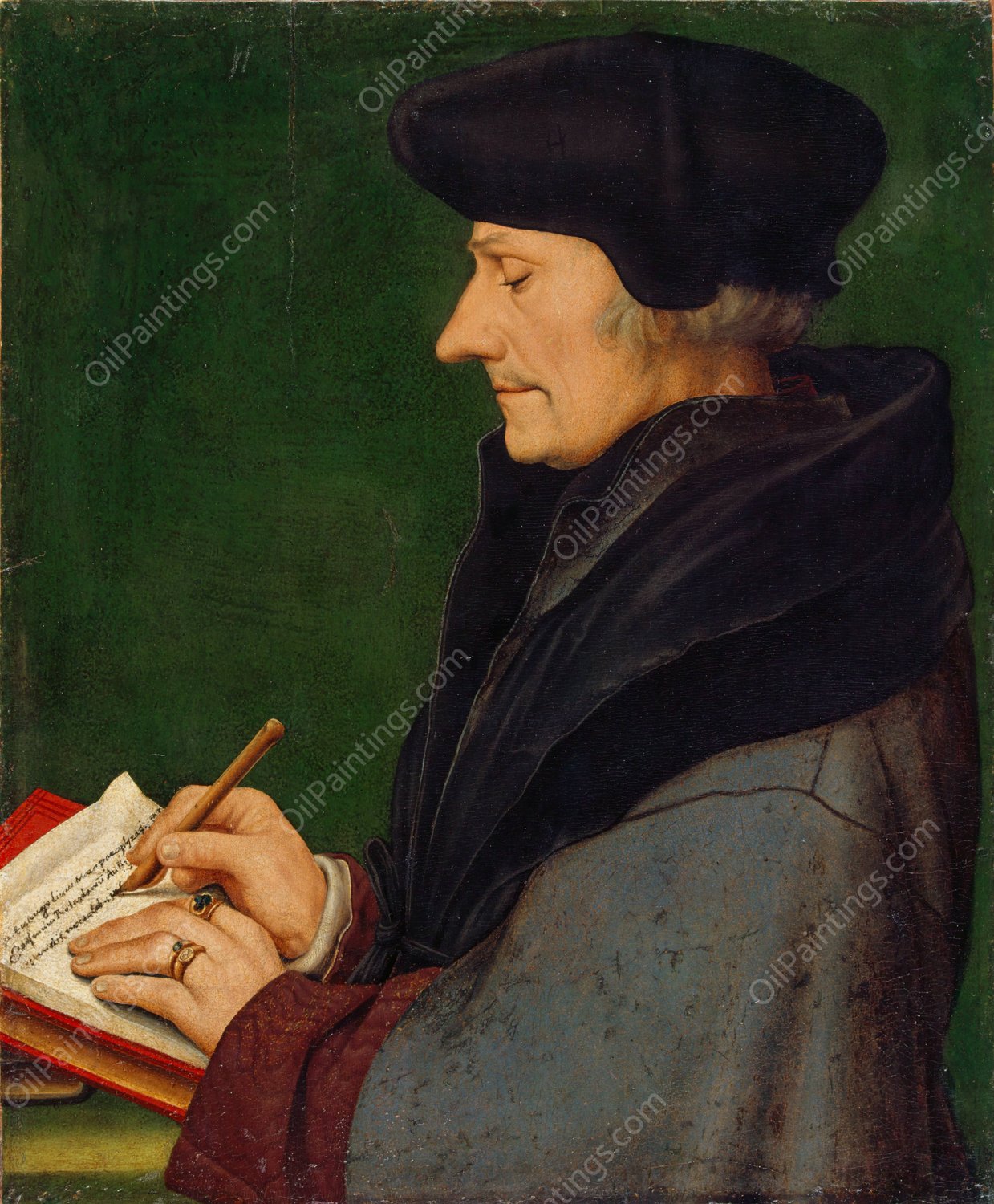 Portrait of Erasmus of Rotterdam Writing  by Hans Holbein The Younger - Hand-Painted Oil Painting Reproduction
