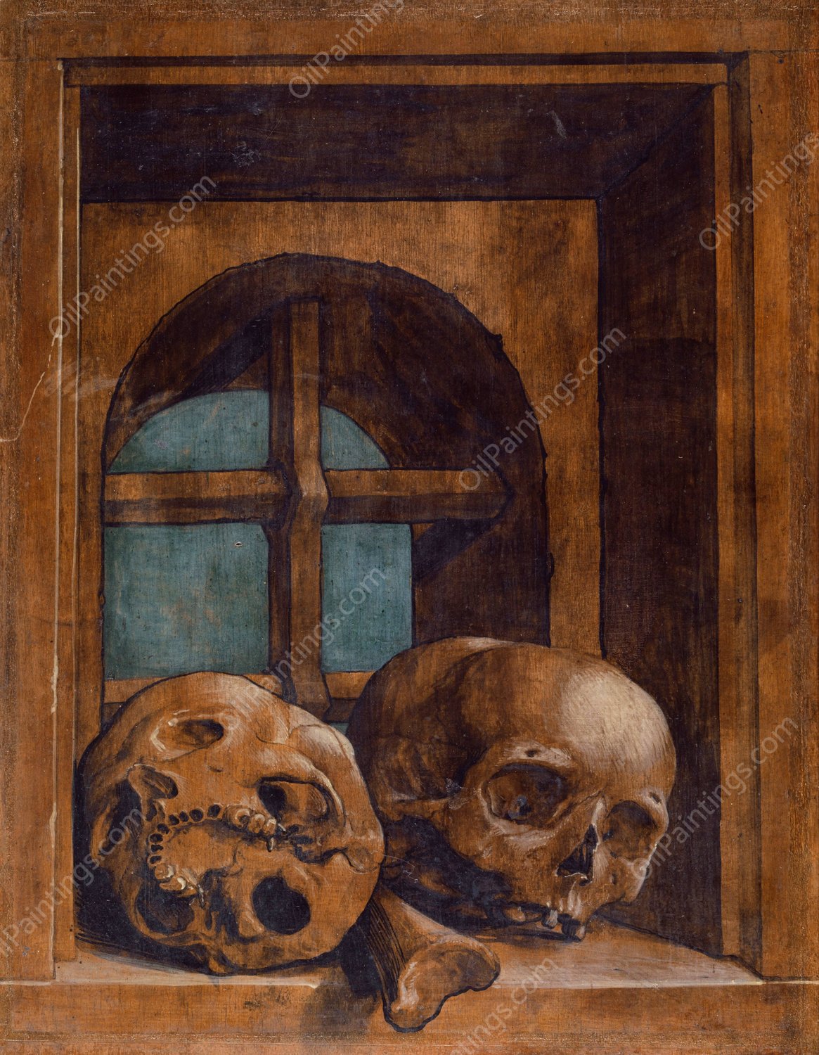 Two Skulls In A Window Niche  by Hans Holbein The Younger - Hand-Painted Oil Painting Reproduction