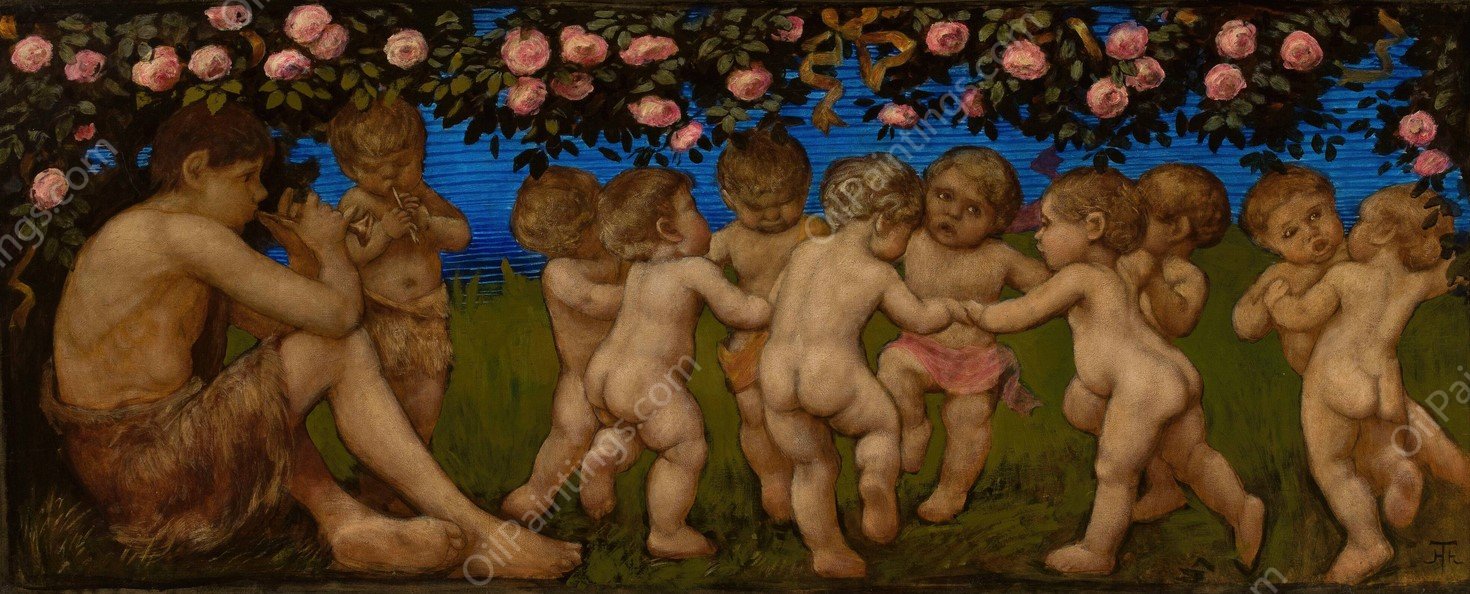Dancing putta with a garland of roses by Hans Thoma - Hand-Painted Oil Painting Reproduction