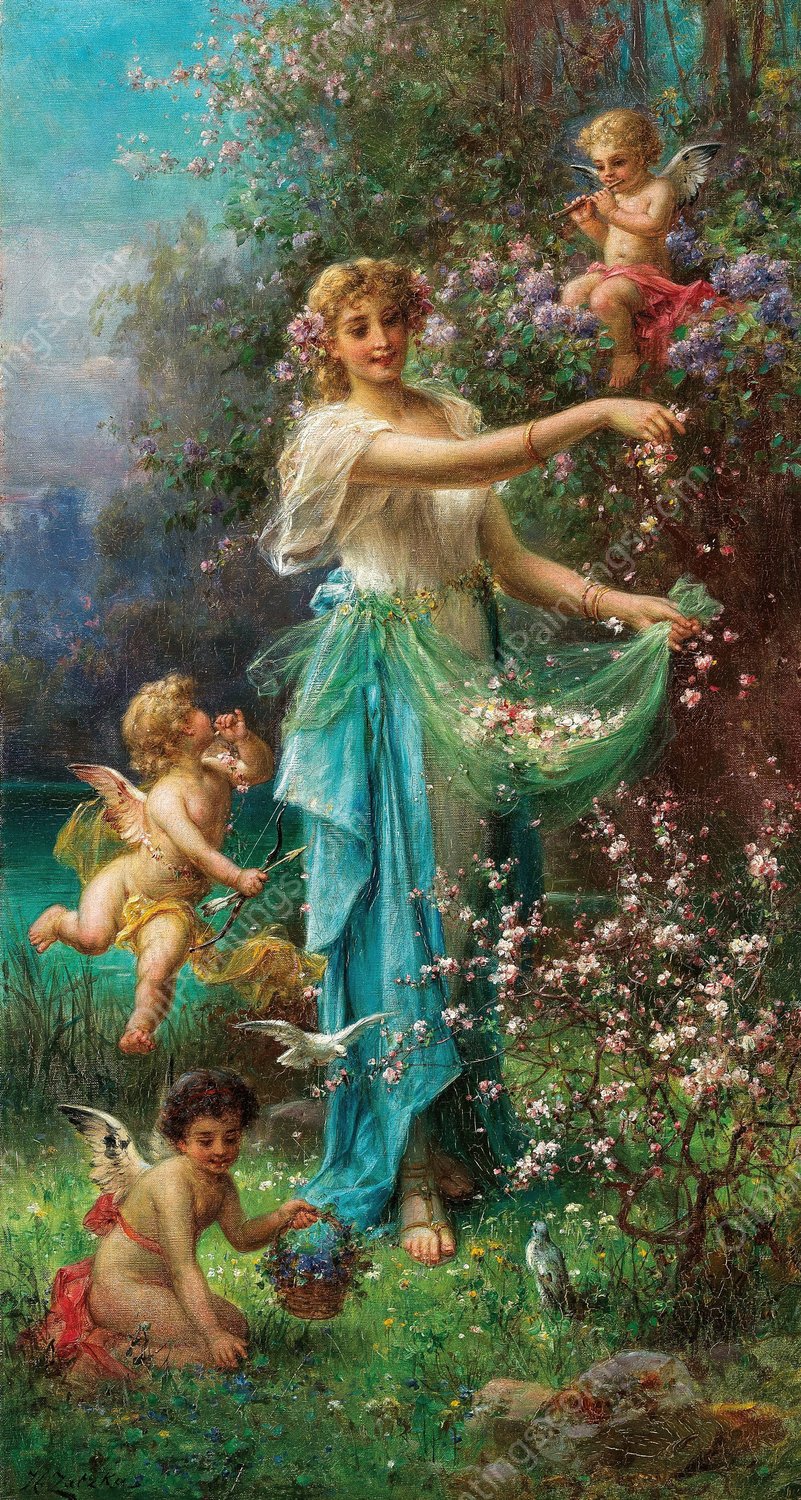 An Allegory of Spring with Cupid by Hans Zatzka - Hand-Painted Oil Painting Reproduction