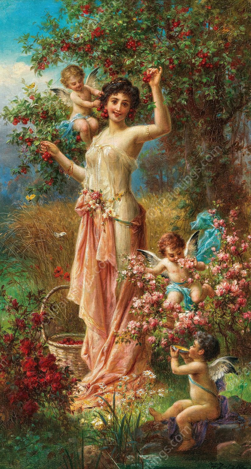 An Allegory of Summer with Messengers of Love by Hans Zatzka - Hand-Painted Oil Painting Reproduction