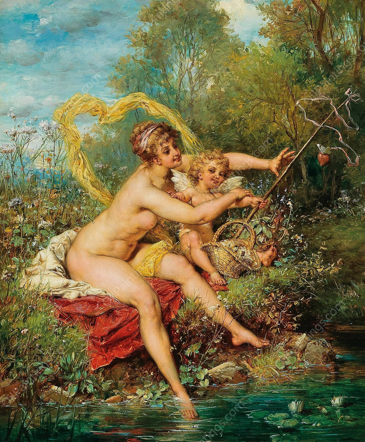 Fishing by Hans Zatzka - Hand-Painted Oil Painting Reproduction