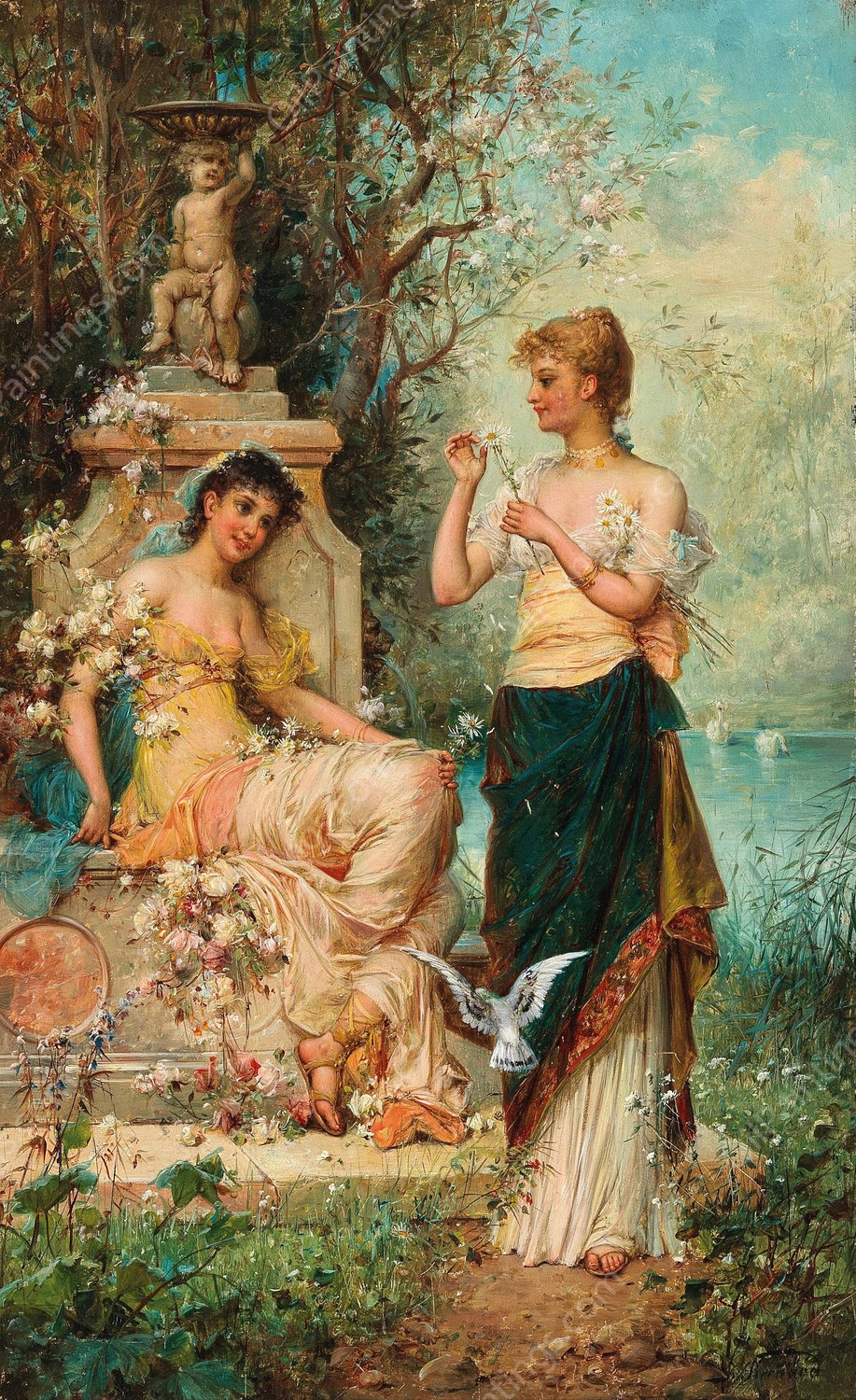 He Loves Me, He Loves Me Not by Hans Zatzka - Hand-Painted Oil Painting Reproduction