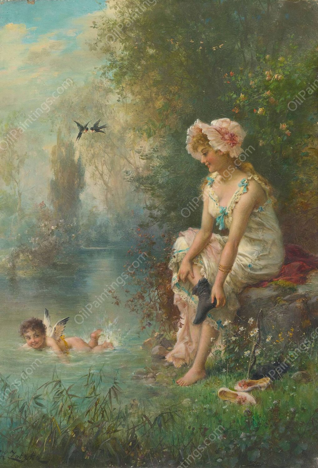 Love By The River's Edge by Hans Zatzka - Hand-Painted Oil Painting Reproduction