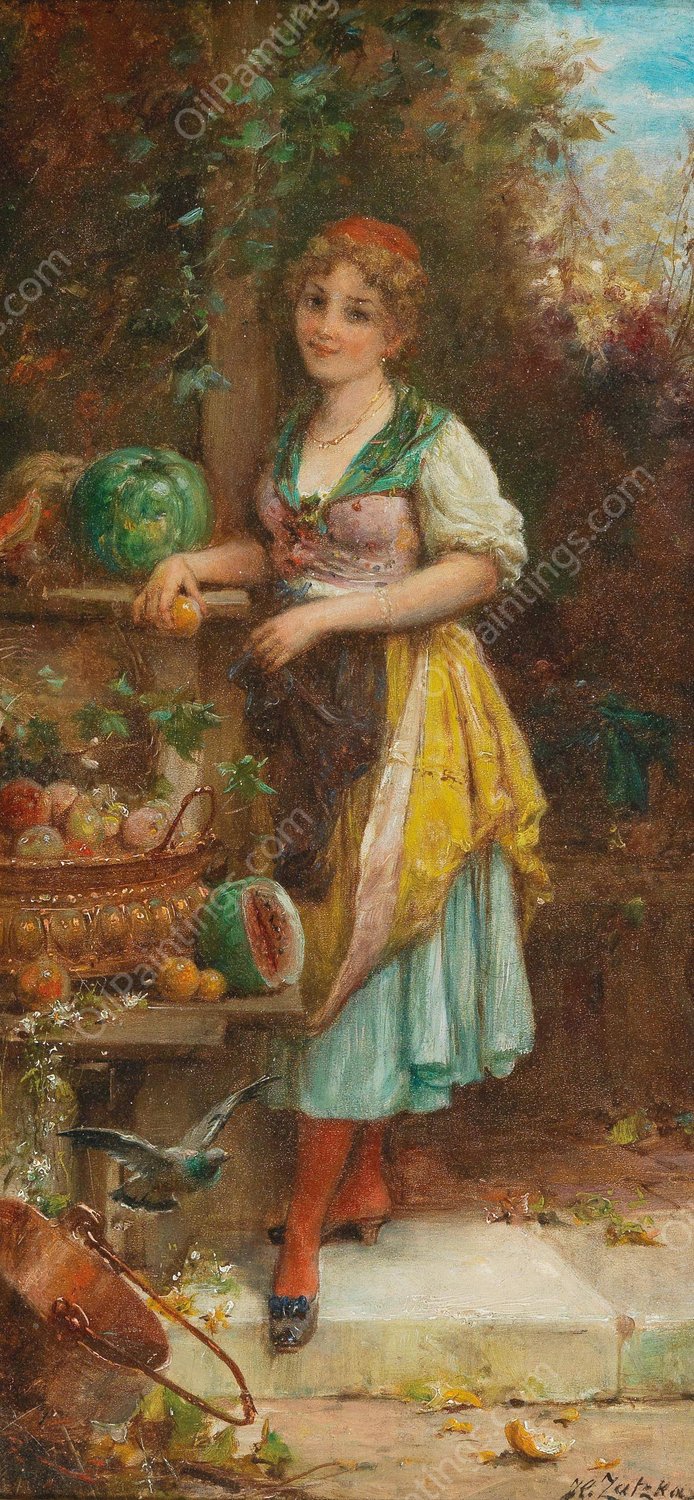 Madchen mit reicher Obstschale by Hans Zatzka - Hand-Painted Oil Painting Reproduction