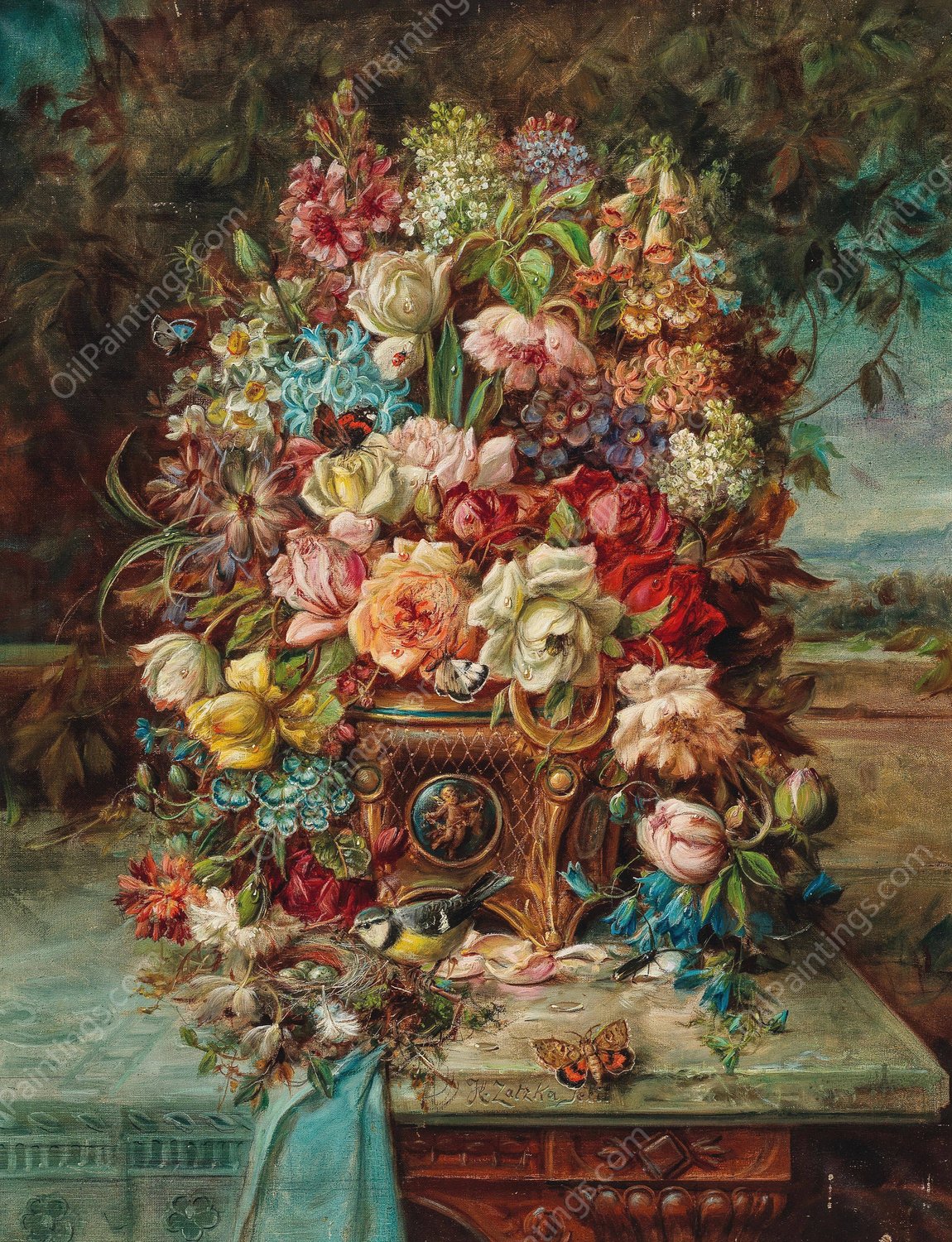 Reiches Blumenstillleben mit Blaumeise vor einer weiten Landschaft by Hans Zatzka - Hand-Painted Oil Painting Reproduction