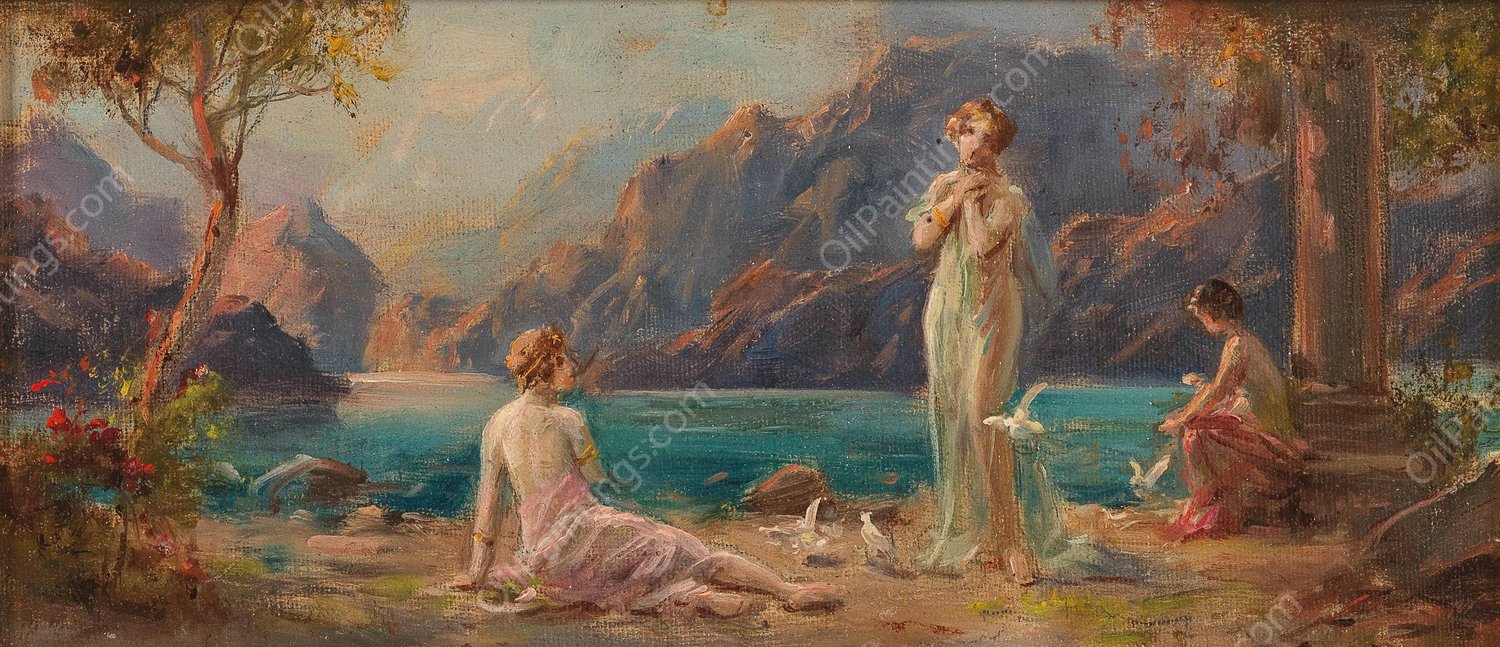 Women on the Lakeside by Hans Zatzka - Hand-Painted Oil Painting Reproduction