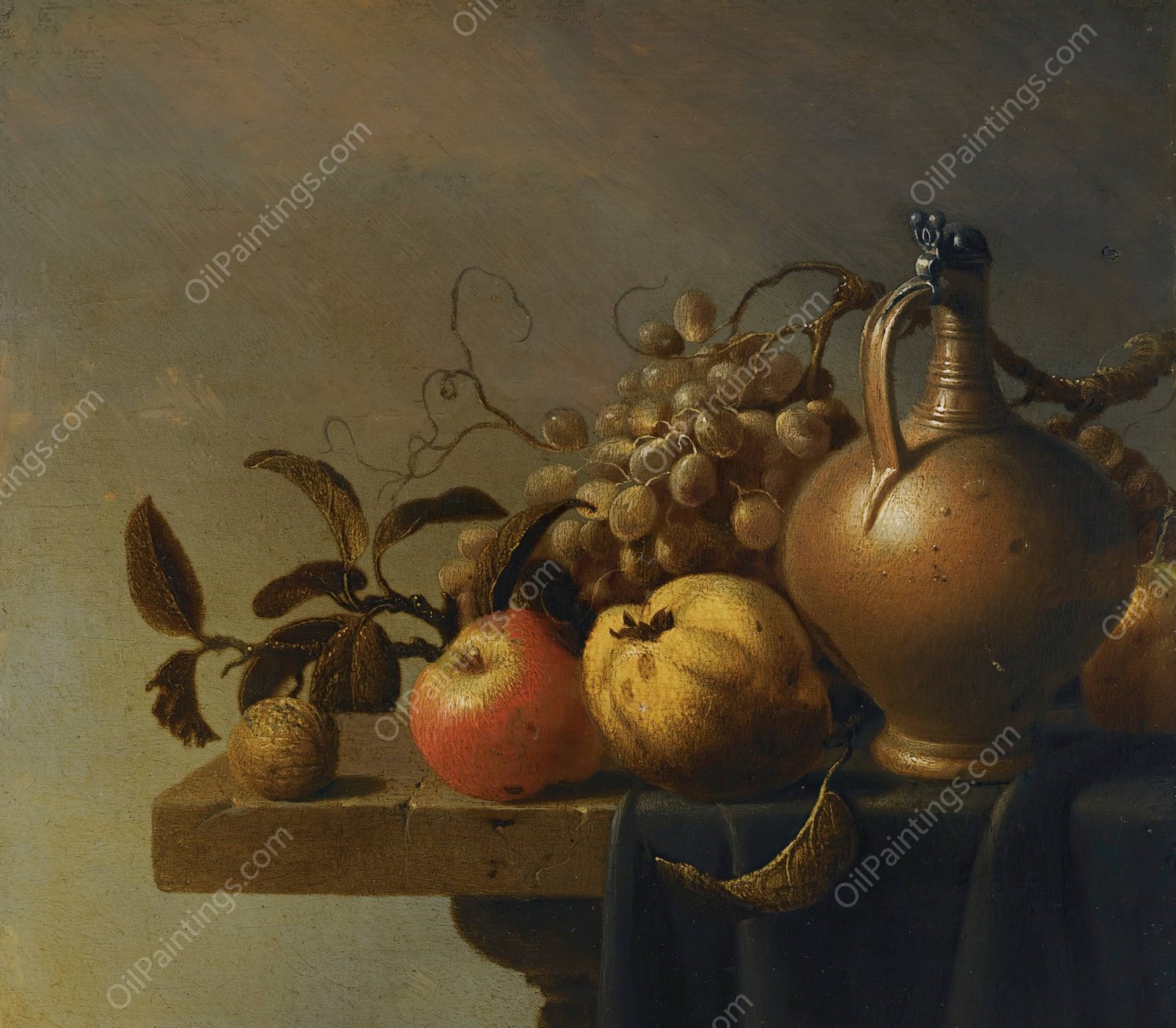 Still Life With A Ewer And Some Fruit On A Partly-Draped Stone Ledge by Harmen Steenwyck - Hand-Painted Oil Painting Reproduction