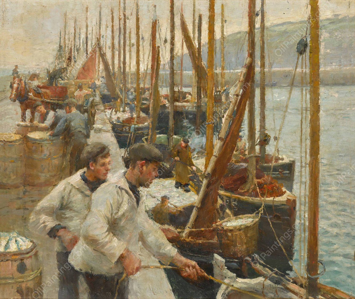 Fishing Boats, Newlyn by Harold Harvey - Hand-Painted Oil Painting Reproduction