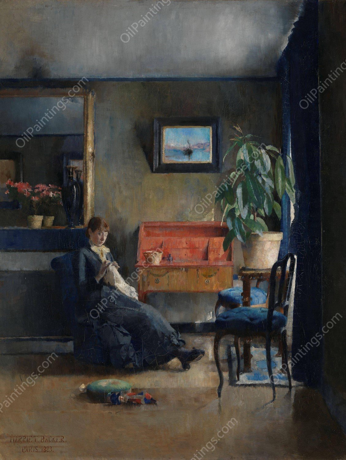 Blue Interior  by Harriet Backer - Hand-Painted Oil Painting Reproduction
