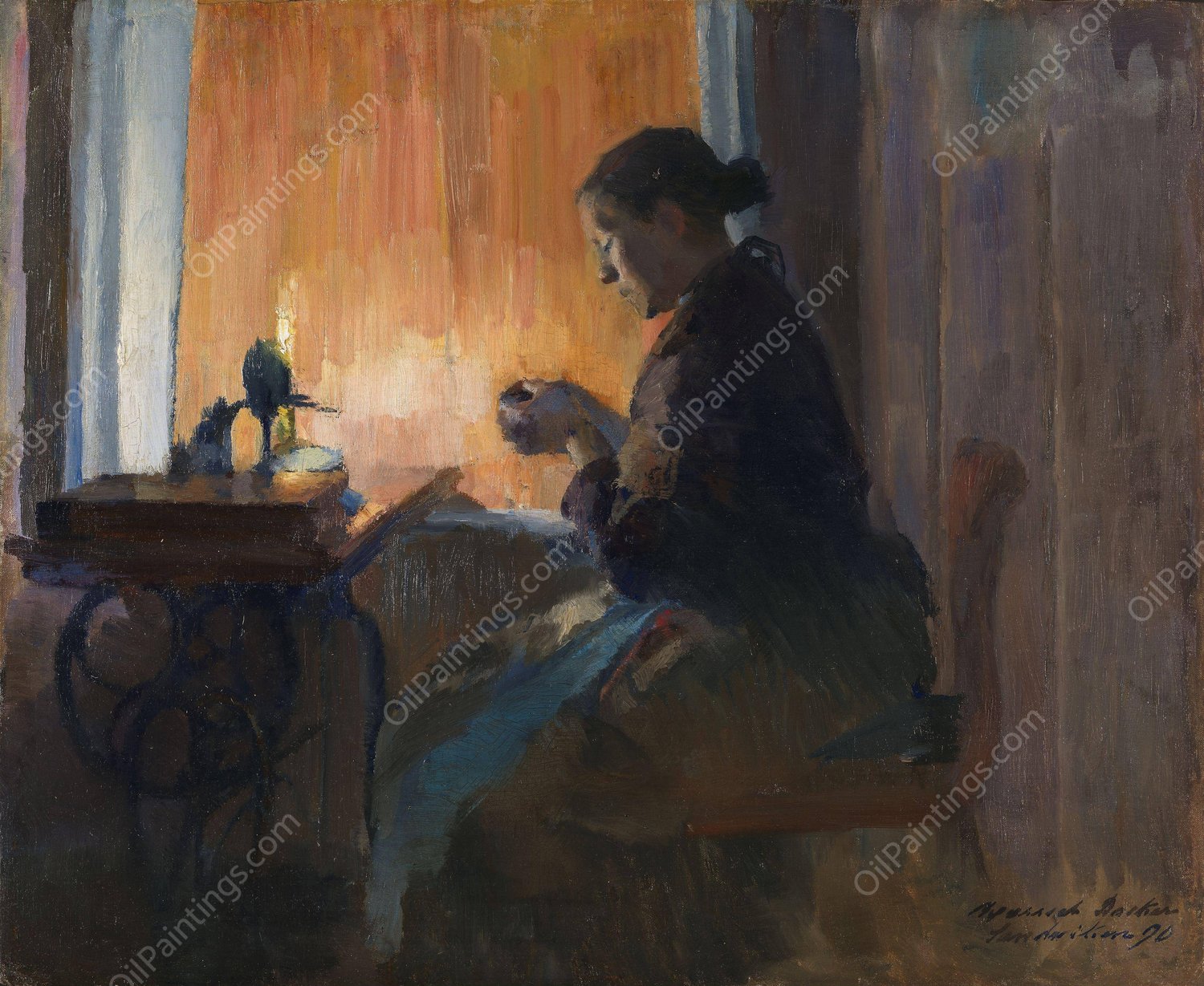By Lamp Light  by Harriet Backer - Hand-Painted Oil Painting Reproduction