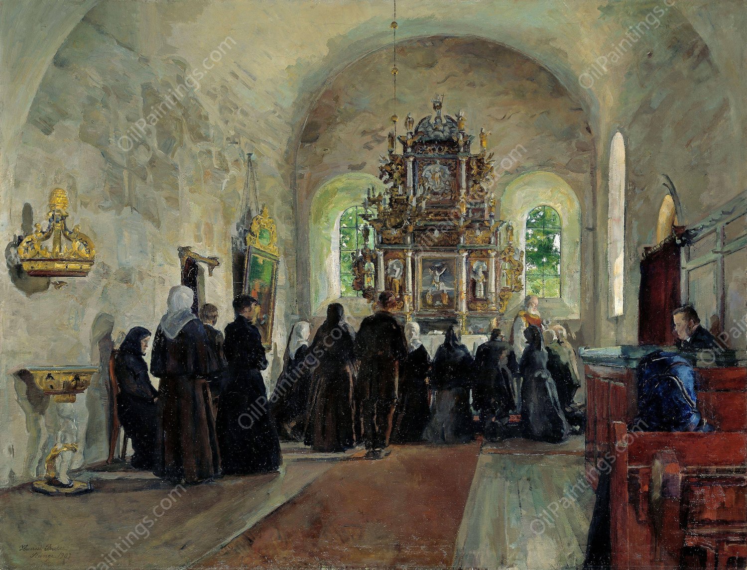The Holy Communion celebrated in Stange Church  by Harriet Backer - Hand-Painted Oil Painting Reproduction