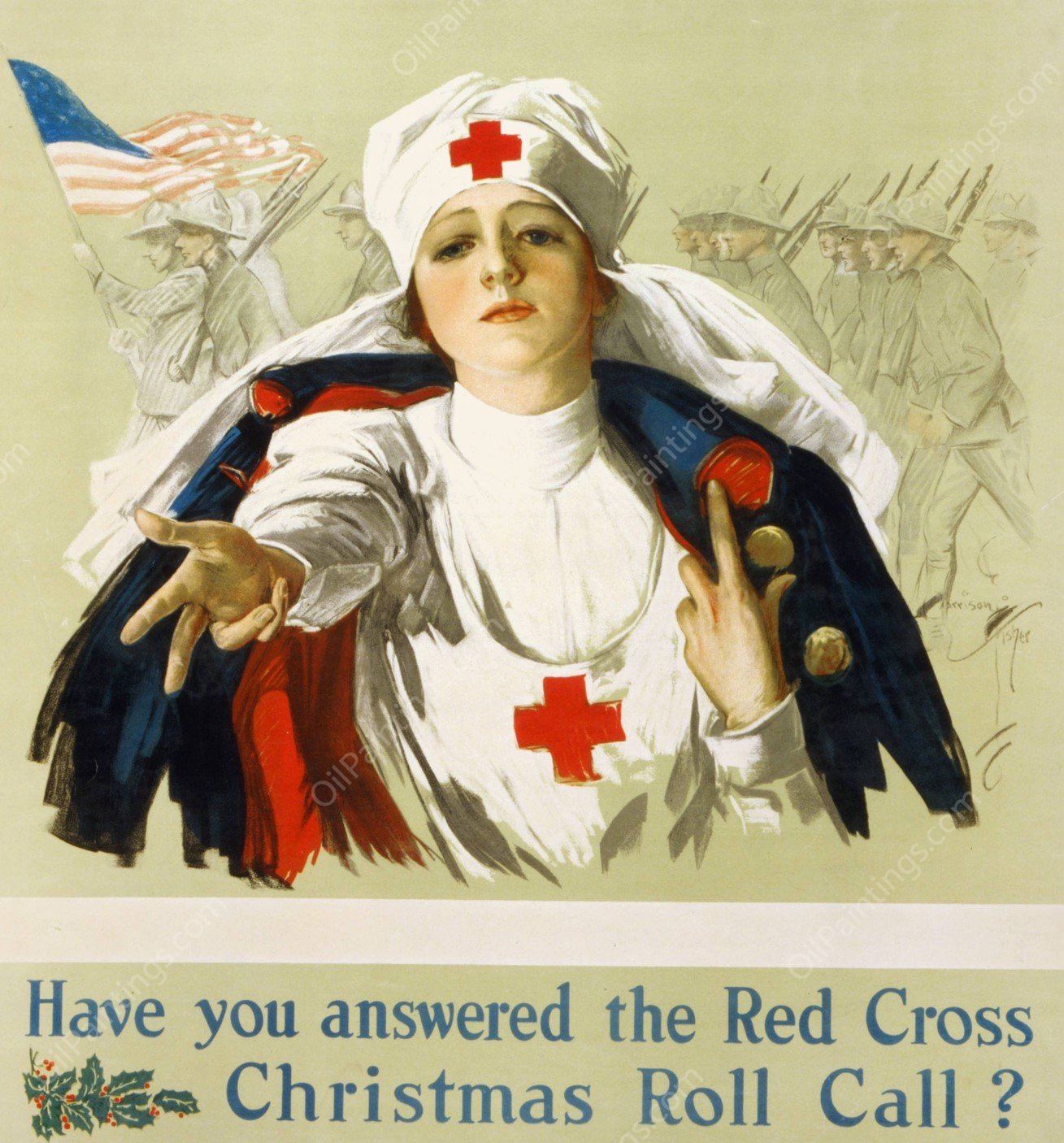 Have you answered the Red Cross Christmas roll call  by Harrison Fisher - Hand-Painted Oil Painting Reproduction