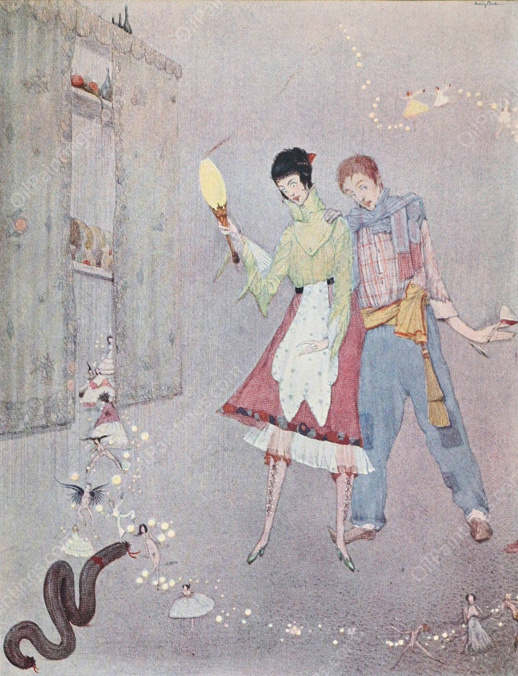 A long black pudding came winding and wriggling towards her  by Harry Clarke - Hand-Painted Oil Painting Reproduction