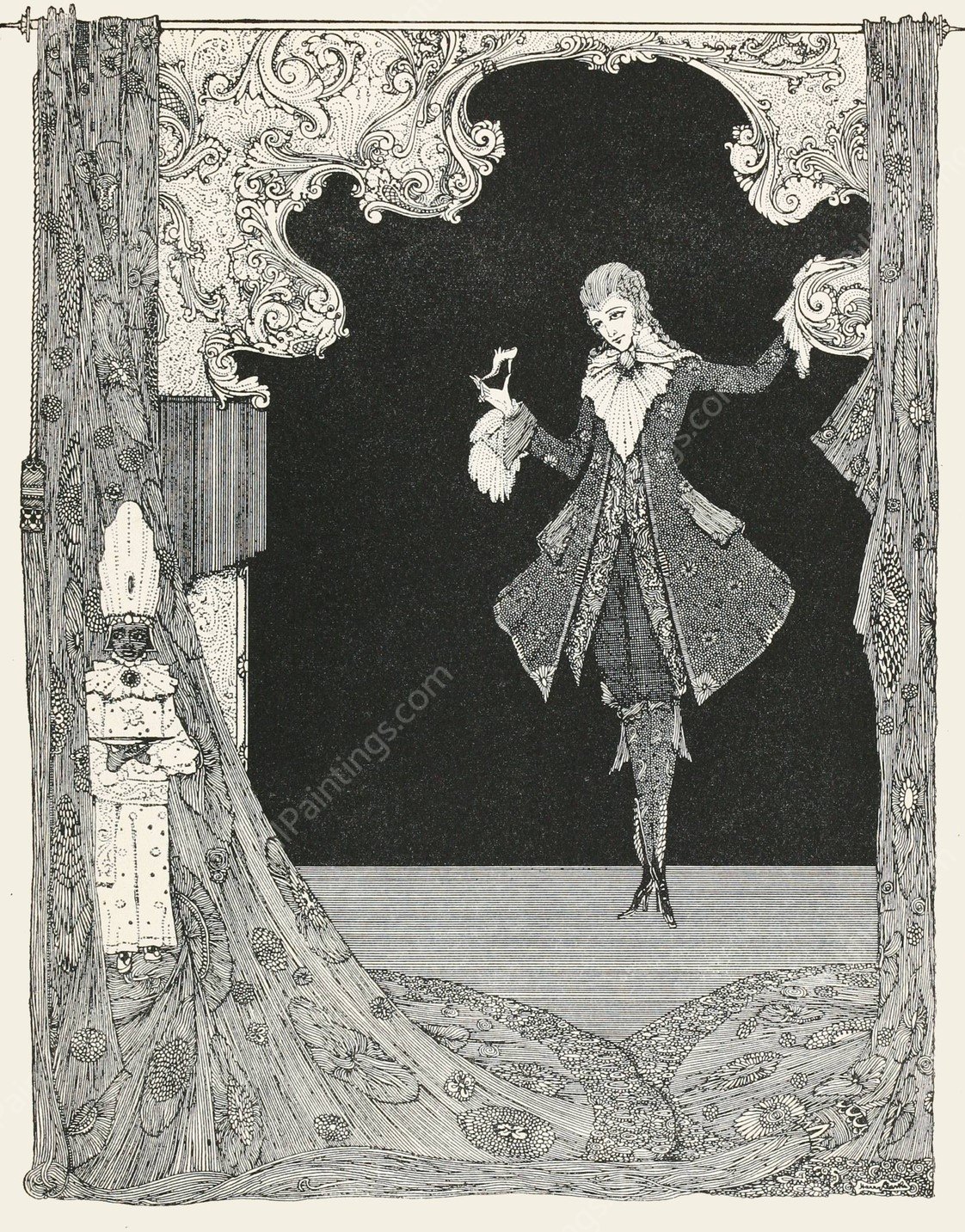 She left behind one of her glass slippers, which the prince took up most carefully  by Harry Clarke - Hand-Painted Oil Painting Reproduction