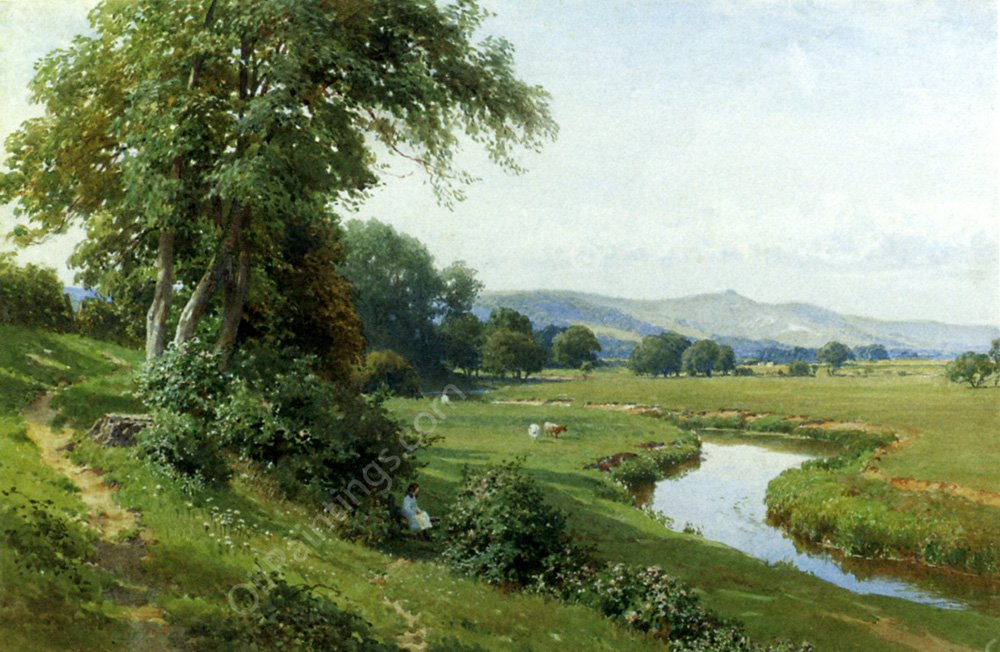 An Extensive River Landscape with a Young Girl Balancing on a Gate by Harry Sutton Palmer - Hand-Painted Oil Painting Reproduction