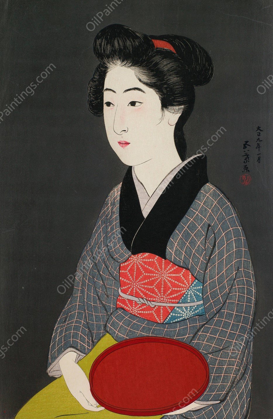 Waitress Holding a Tray  by Hashiguchi Goyo - Hand-Painted Oil Painting Reproduction
