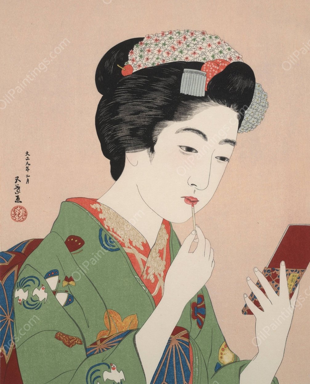 Woman Applying Rouge  by Hashiguchi Goyo - Hand-Painted Oil Painting Reproduction