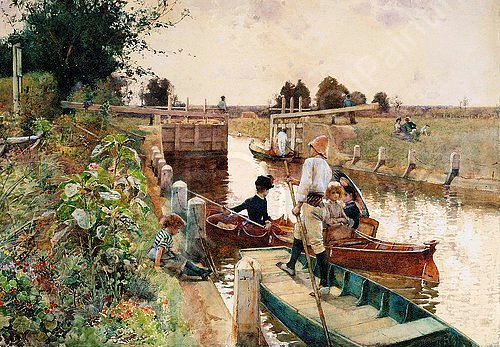 Boaters in a Lock on the Thames by Hector Caffieri - Hand-Painted Oil Painting Reproduction