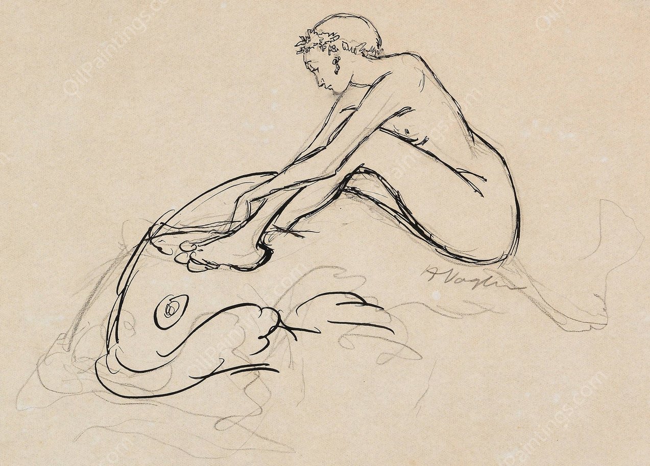 Meerjungfrau auf Fisch reitend  by Heinrich Vogeler - Hand-Painted Oil Painting Reproduction