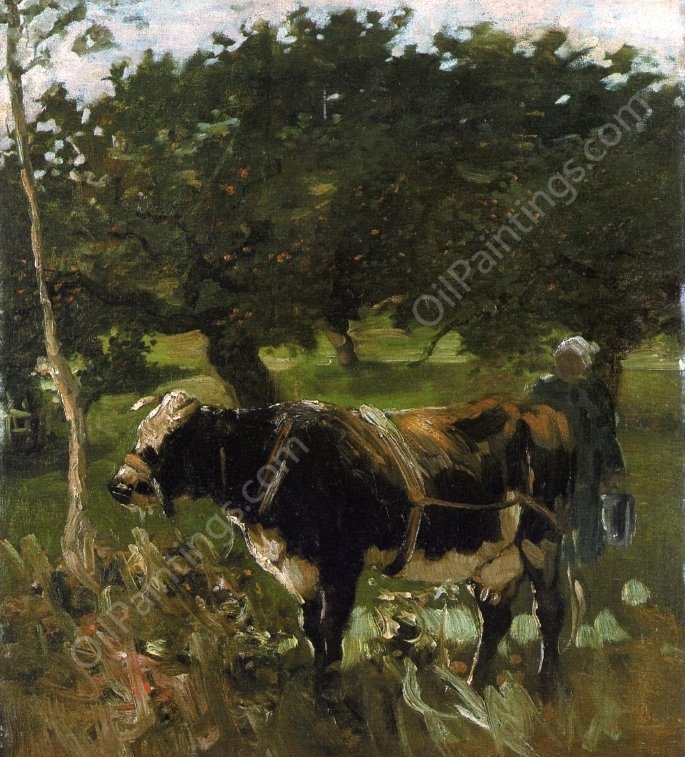 Cow and Milkmaid by Heirich Von Zugel - Hand-Painted Oil Painting Reproduction