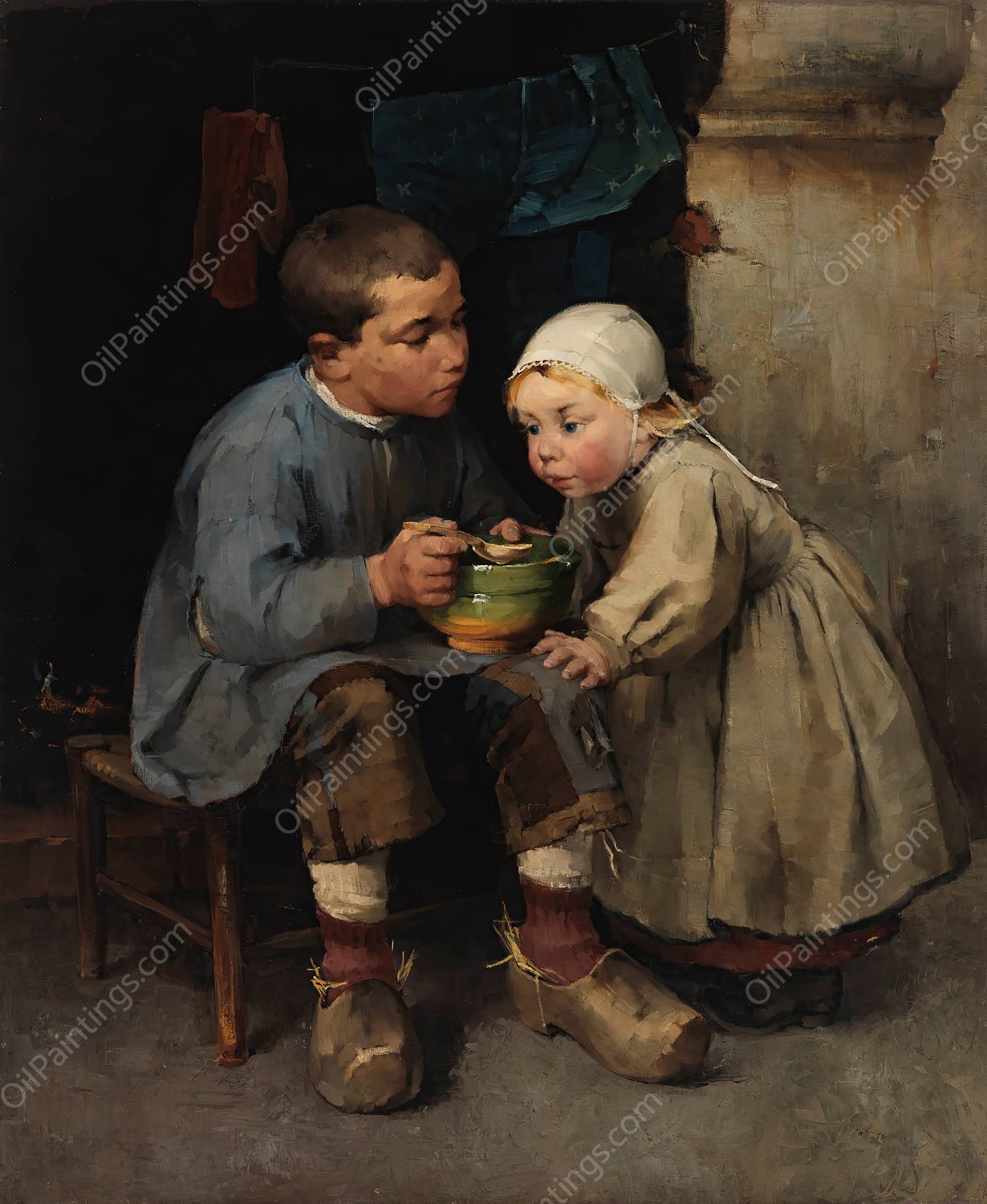 A Boy Feeding His Little Sister  by Helene Schjerfbeck - Hand-Painted Oil Painting Reproduction