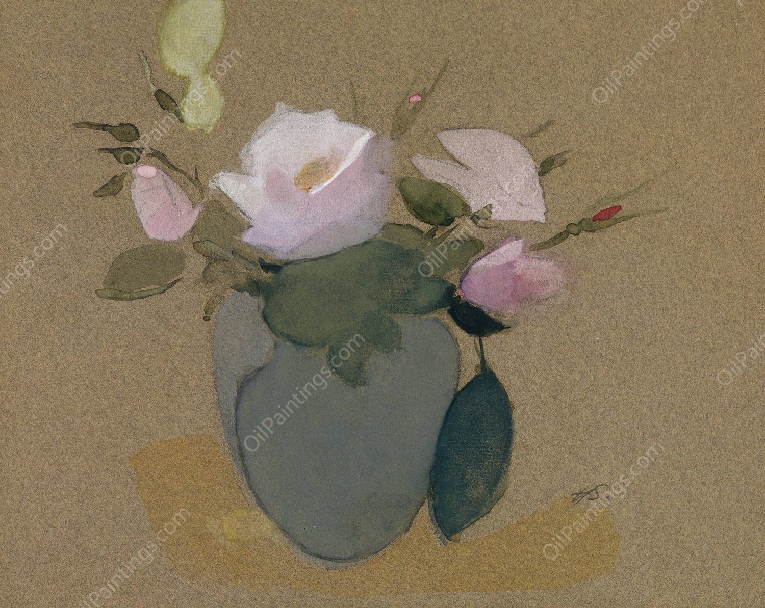 Roses in a Blue-Green Vase  by Helene Schjerfbeck - Hand-Painted Oil Painting Reproduction
