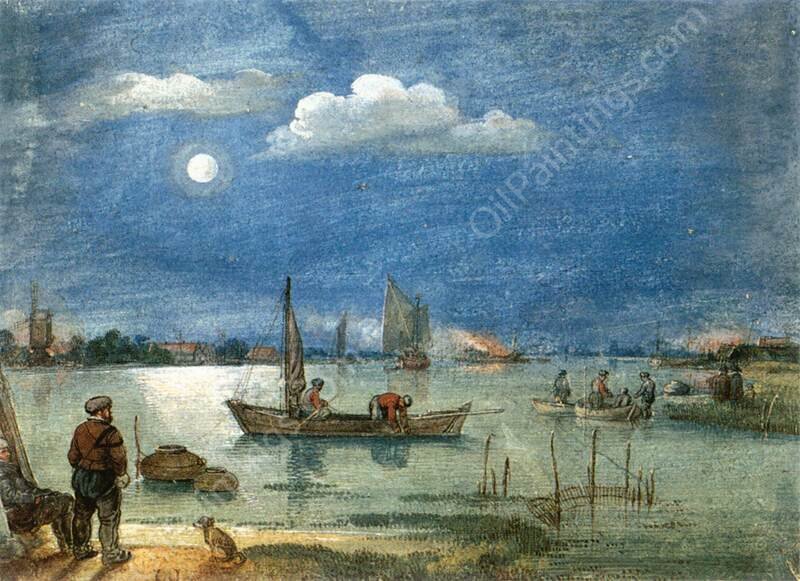 Fishermen by Moonlight by Hendrick Avercamp - Hand-Painted Oil Painting Reproduction