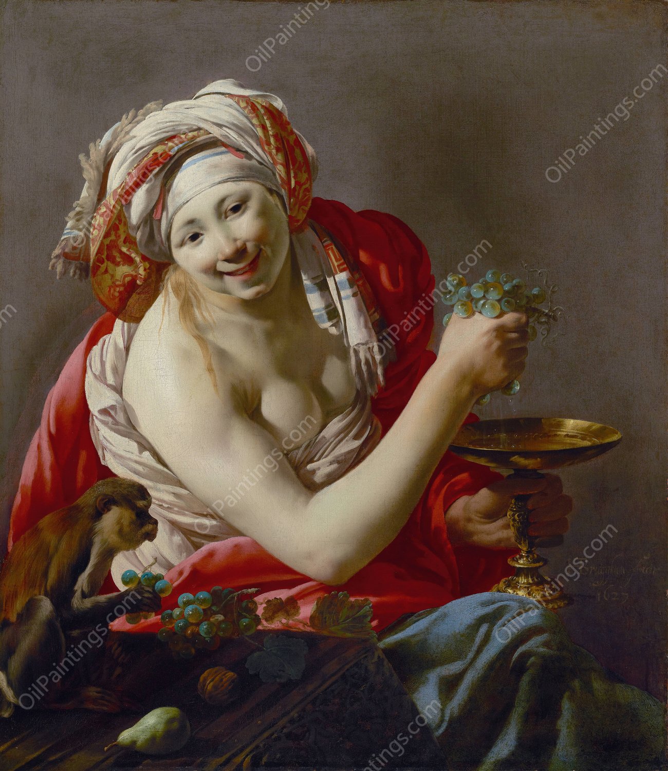 Bacchante With An Ape  by Hendrick Ter Brugghen - Hand-Painted Oil Painting Reproduction