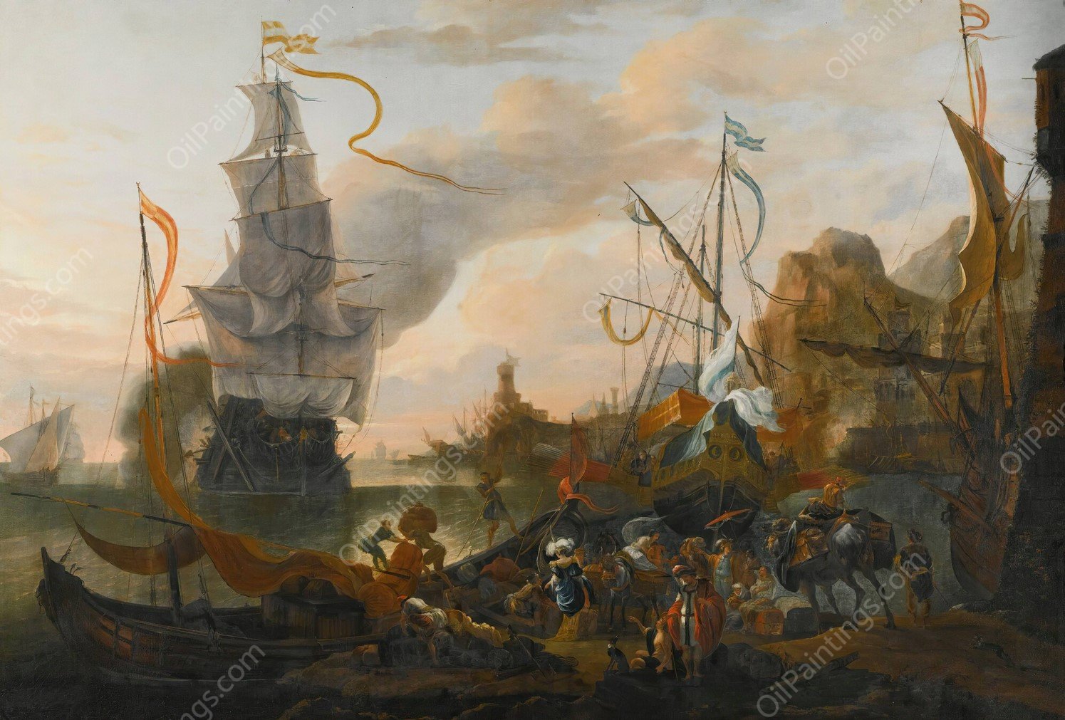 A Levantine Harbour With A Galley And A Man-Of-War Coming In To Anchor, Together With Many Figures On Shore  by Hendrik Van Minderhout - Hand-Painted Oil Painting Reproduction