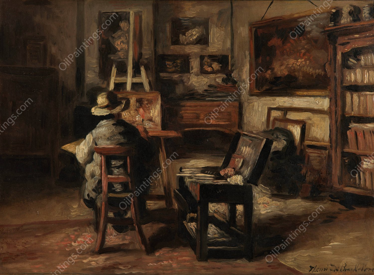The Studio of Ferdinand De Braekeleer I, Father of the Painter  by Henri De Braekeleer - Hand-Painted Oil Painting Reproduction