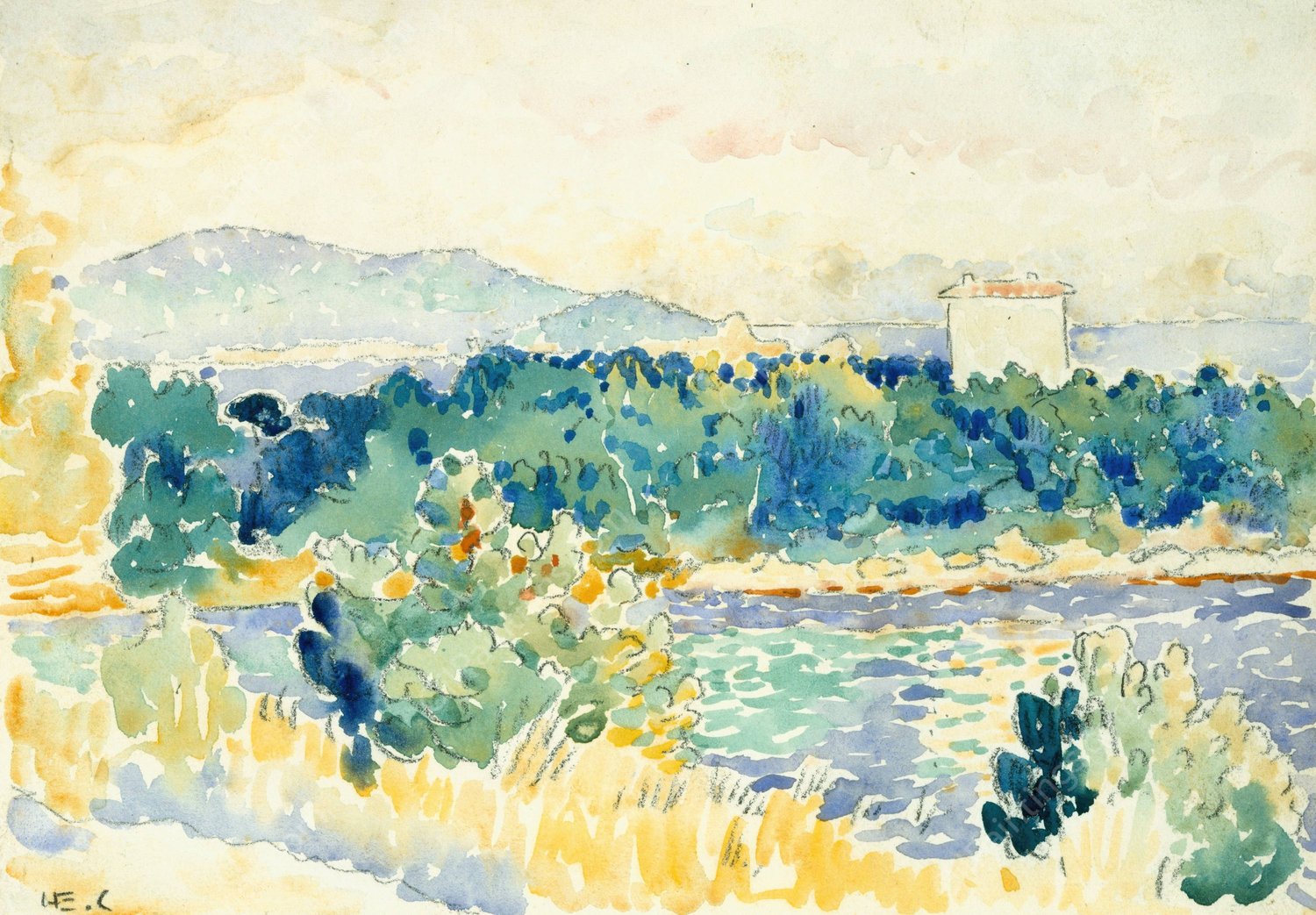 Mediterranean Landscape with a White House  by Henri-Edmond Cross - Hand-Painted Oil Painting Reproduction