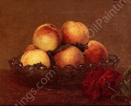 Nature Morte: Peches dans une Coupe de Verre, une Rose Fonces avec des Feuilles a Droite by Henri Fantin-Latour - Hand-Painted Oil Painting Reproduction