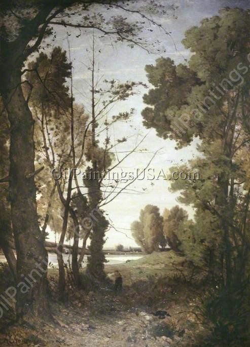 Duck Shooting on the Banks of the River Allier by Henri Harpignies - Hand-Painted Oil Painting Reproduction