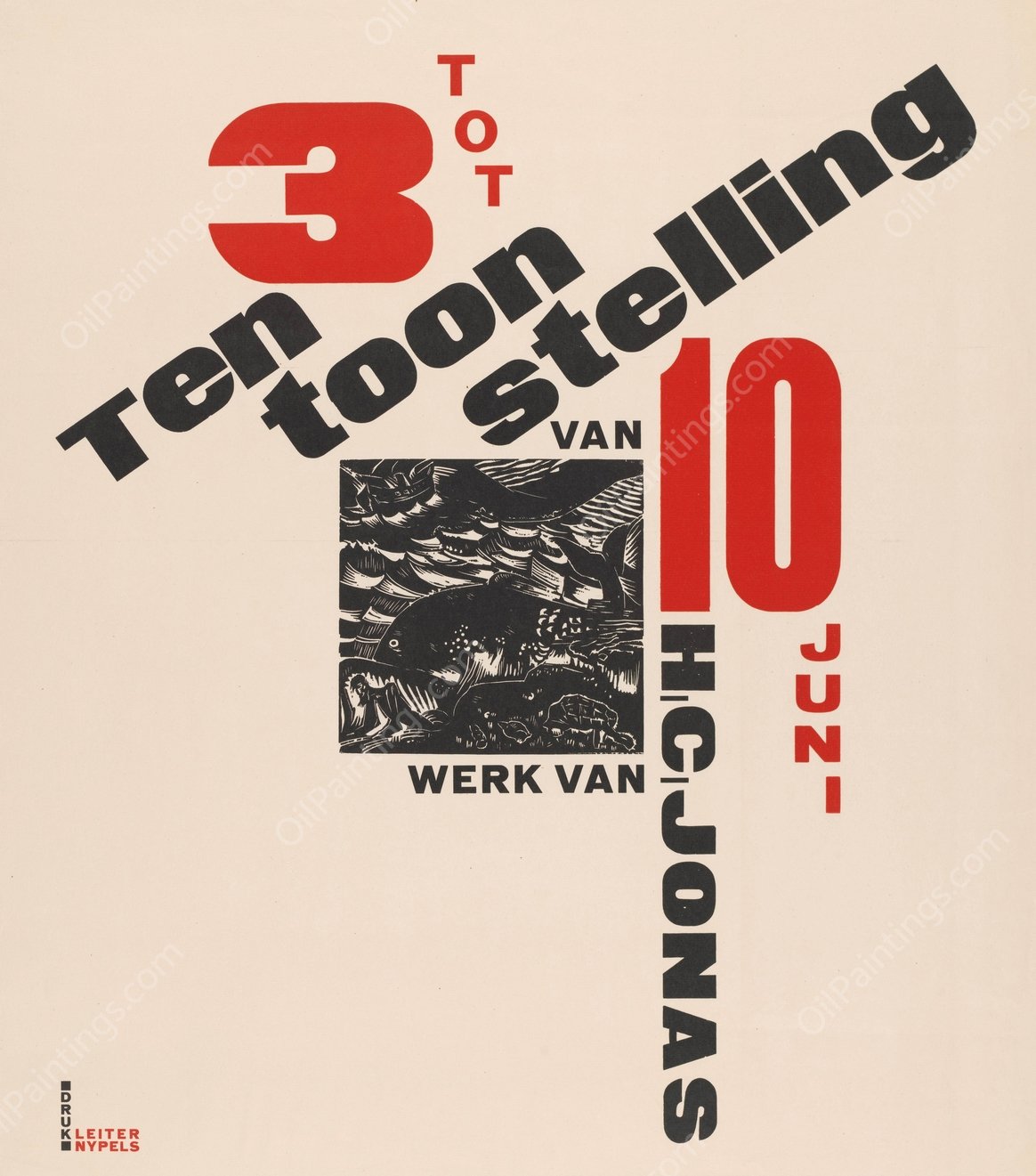 Affiche voor een tentoonstelling van werk H.C. Jonas. 3 tot 10 juni met prent van walvis en schipbreukeling  by Henri Jonas - Hand-Painted Oil Painting Reproduction