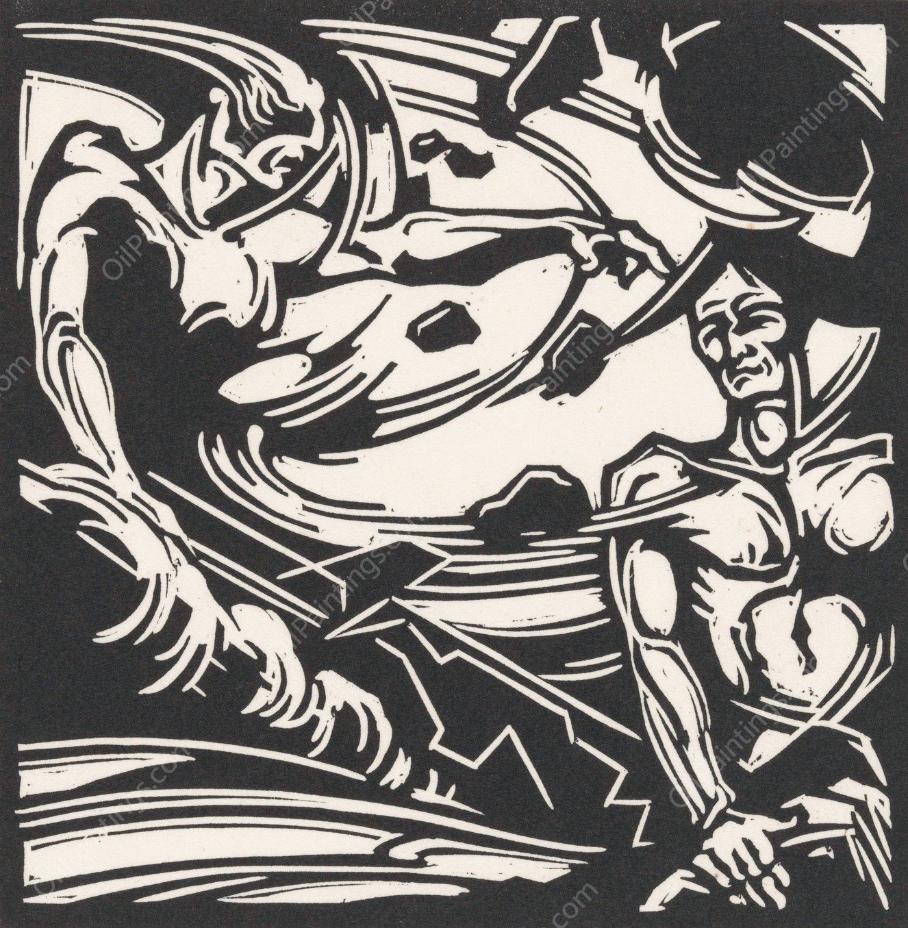 Twee naakte mannen bij een kolkende luchtmassa  by Henri Jonas - Hand-Painted Oil Painting Reproduction