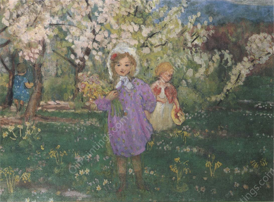 Children with Spring Flowers by Henri Lebasque - Hand-Painted Oil Painting Reproduction