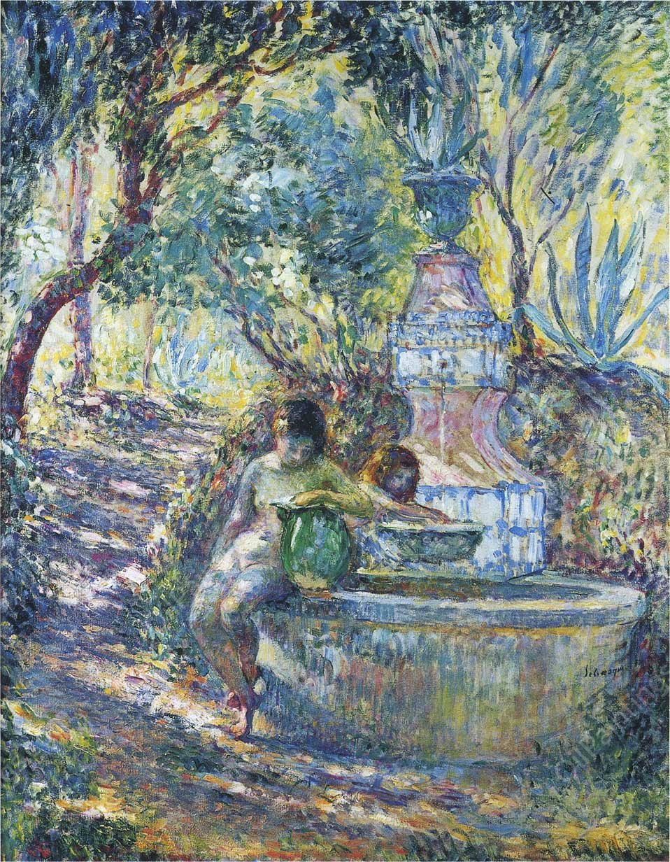Two Girls at a Fountain in Saint Tropez by Henri Lebasque - Hand-Painted Oil Painting Reproduction