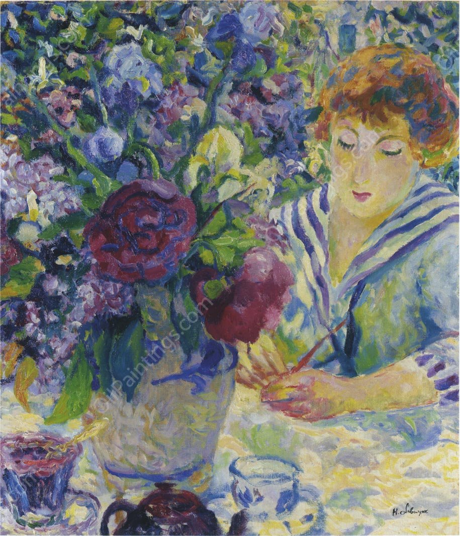 Woman with a Vase of Flowers by Henri Lebasque - Hand-Painted Oil Painting Reproduction