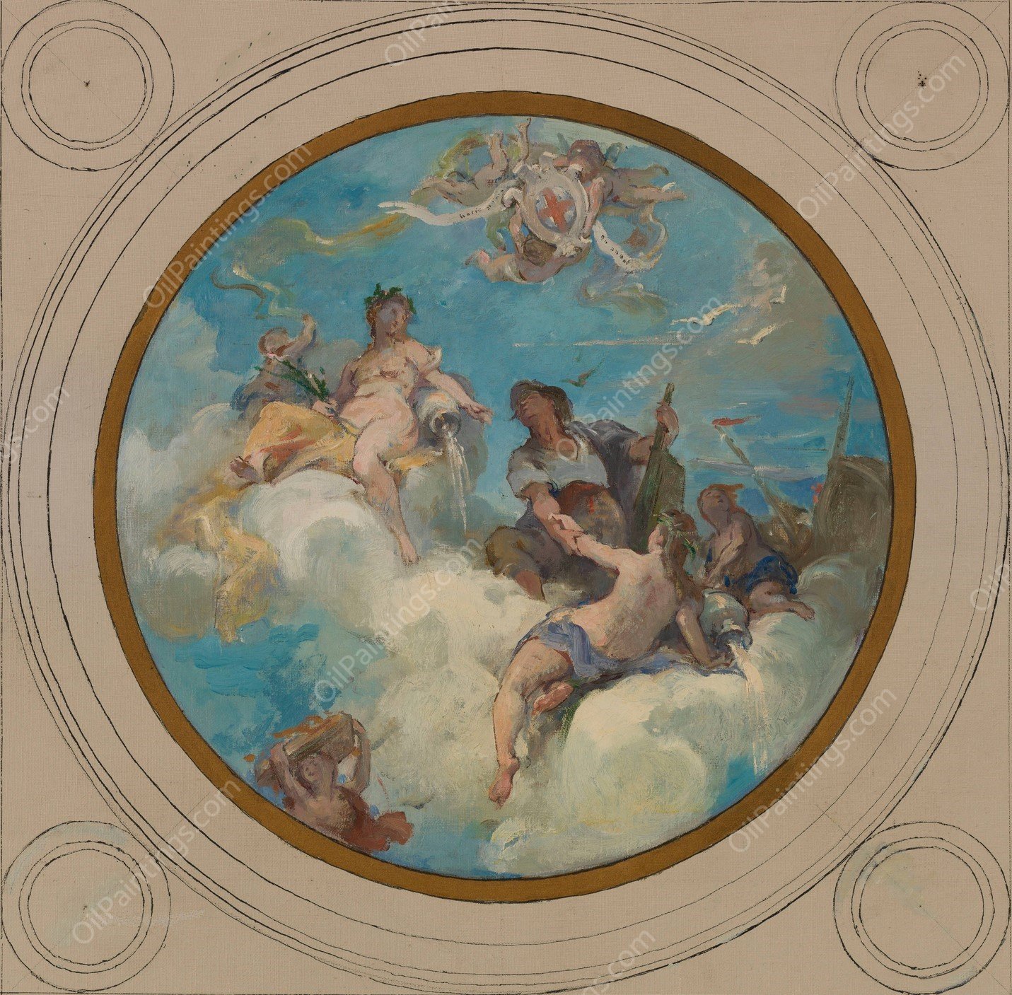 Allegories du canal de l'Ourcq, du Travail et de la Navigation  by Henri Leopold Levy - Hand-Painted Oil Painting Reproduction