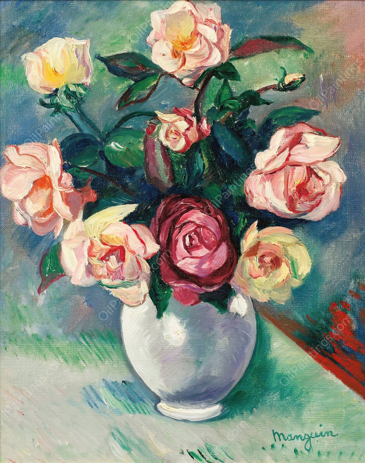 Bouquet De Roses Dans Un Vase Blanc  by Henri Manguin - Hand-Painted Oil Painting Reproduction