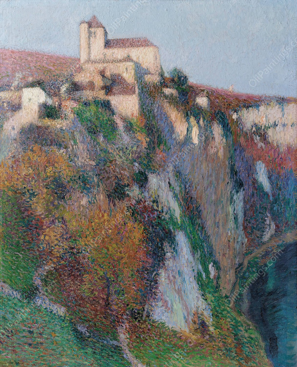 L'eglise Saint-Cirq Lapopie perchee sur la falaise de la boucle du Lot, ciel bleu by Henri Martin - Hand-Painted Oil Painting Reproduction