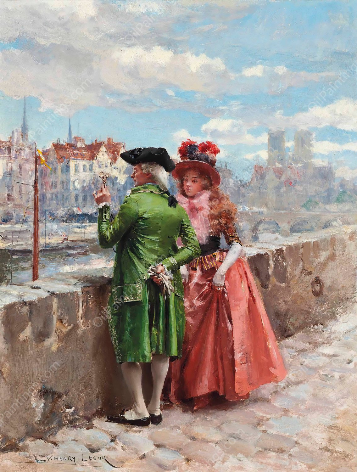 A Stroll By The Seine, Paris by Henri Victor Lesur - Hand-Painted Oil Painting Reproduction
