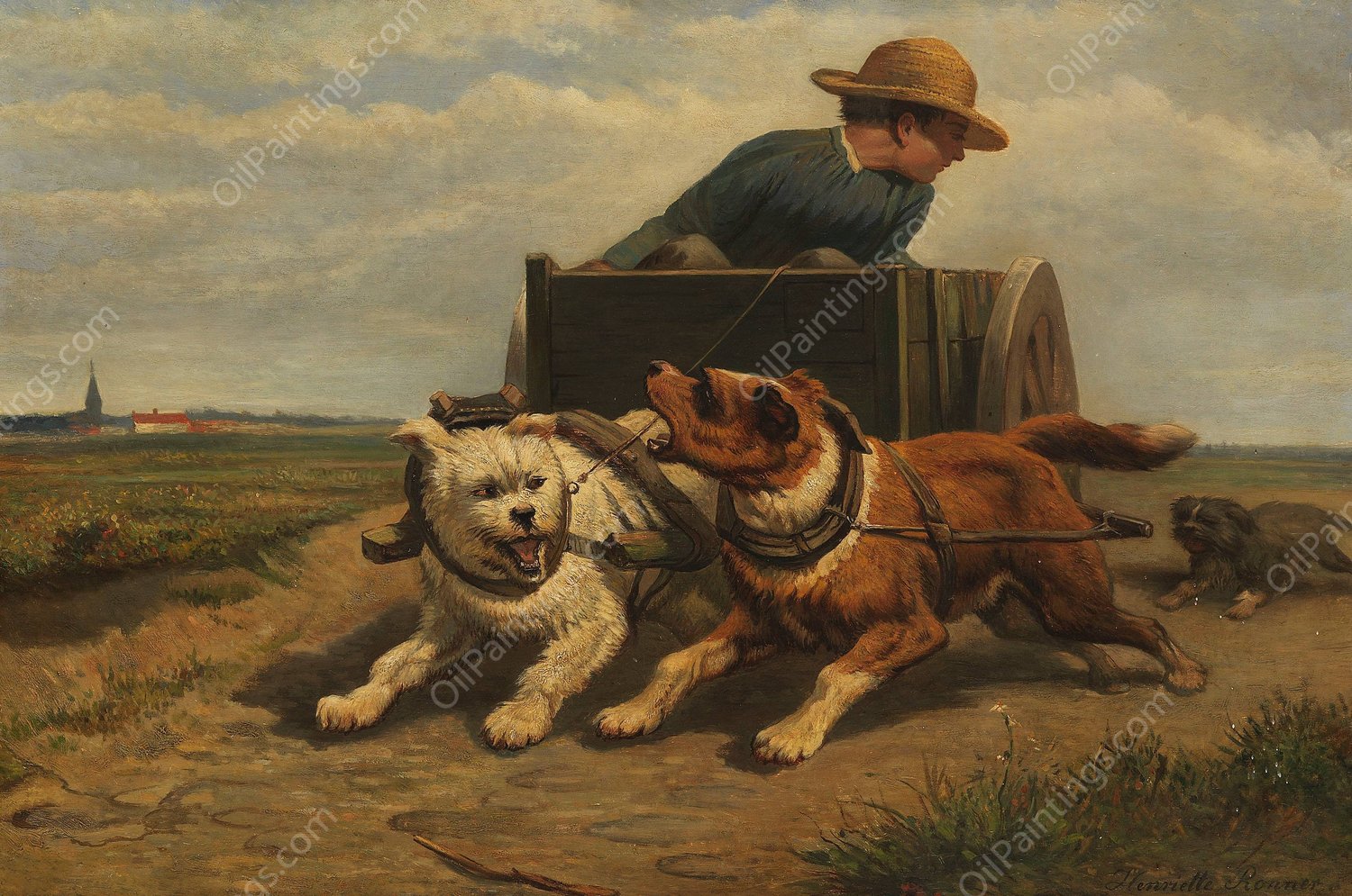 Boy with a dog cart  by Henriette Ronner-Knip - Hand-Painted Oil Painting Reproduction