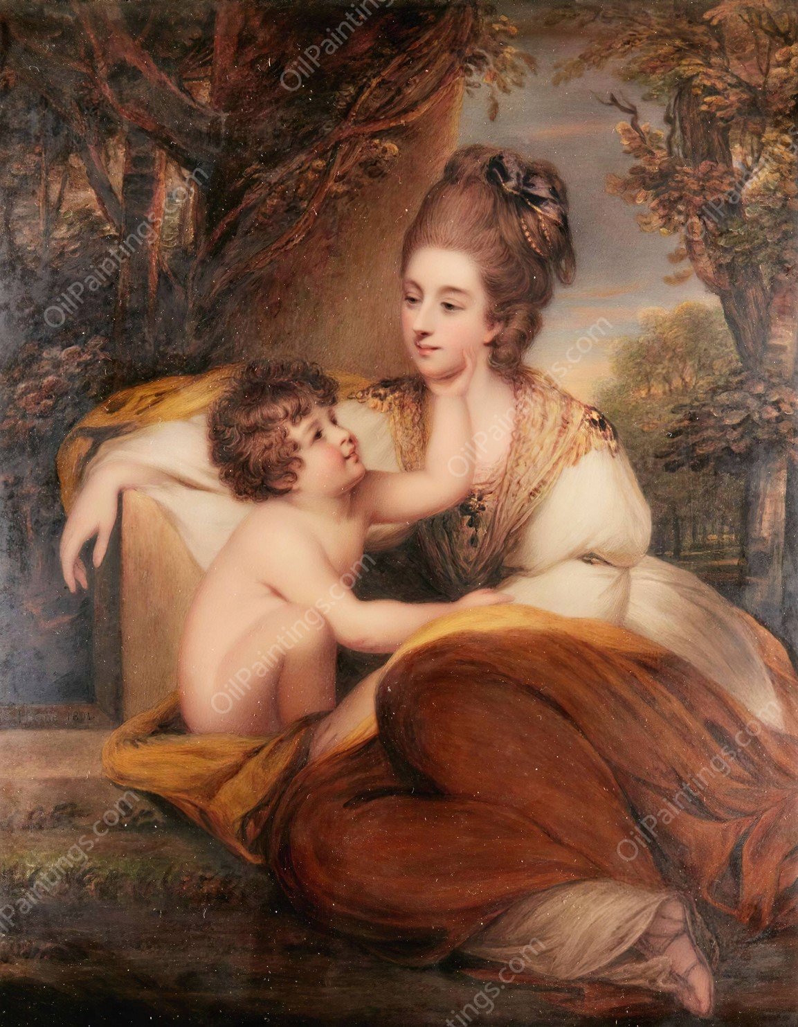 Portrait of lady Elizabeth Alicia Maria Herbert, later countess of Carnarvon and her son Charles Herbert  by Henry Bone - Hand-Painted Oil Painting Reproduction